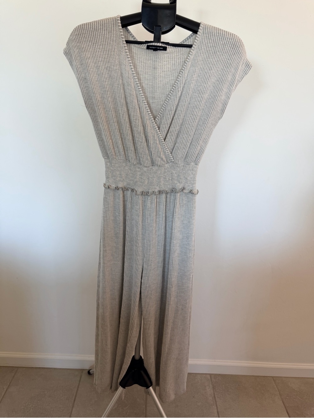 Caution To The Wind Gray and White Ribbed V‑Neck Jumpsuit